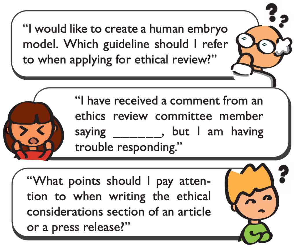 Illustration.  
An experienced male scientist thinks “I would like to create a human embryo model. Which guideline should I refer to when applying for ethical review?” 
A young female scientist thinks “I have received a comment from an ethics review committee member saying _____, but I am having trouble responding.” 
A young male scientist thinks “What points should I pay attention to when writing the ethical considerations section of an article or a press release?” 