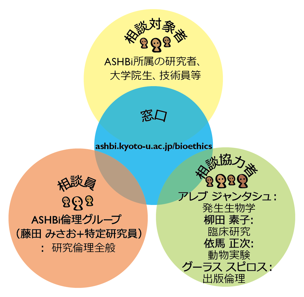 4 つの円を含む図。 中央の円のテキスト: 連絡先 ashbi.kyoto-u.ac.jp/bioethics 上の丸のテキスト: 相談対象者- ASHBi 所属の研究者- 大学院生- 技術員等 右下の丸の本文：相談員- ASHBi倫理グループ（藤田 みさお+特定研究員）： 研究倫理全般 左下の丸のテキスト：協力者- アレブ ジャンタシュ: 発生生物学 - 柳田 素子: 臨床研究- 依馬 正次: 動物実験 - グーラス スピロス: 出版倫理